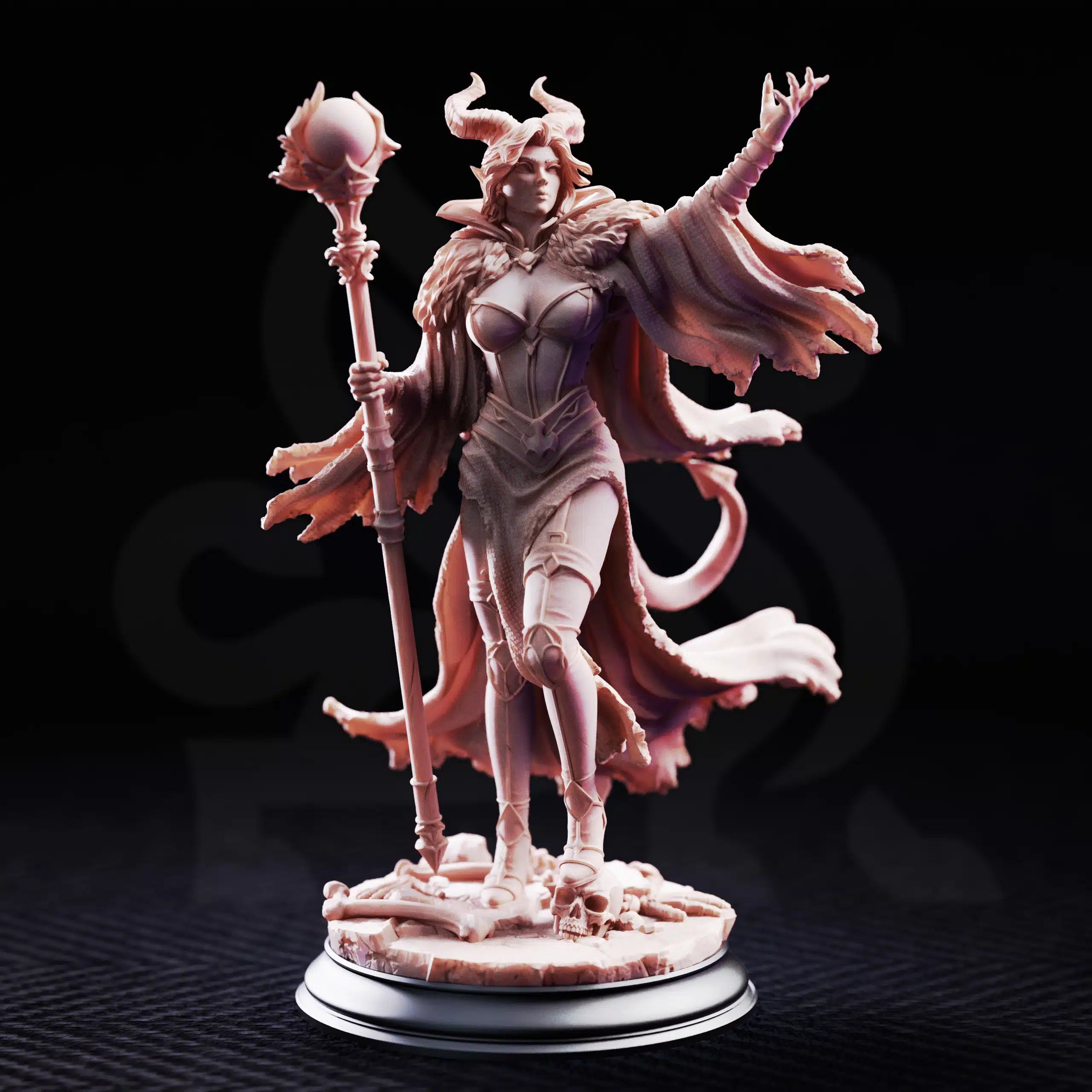 Front view of Mallory the Envious highlighting the horned crown, magical staff, and commanding villain pose.