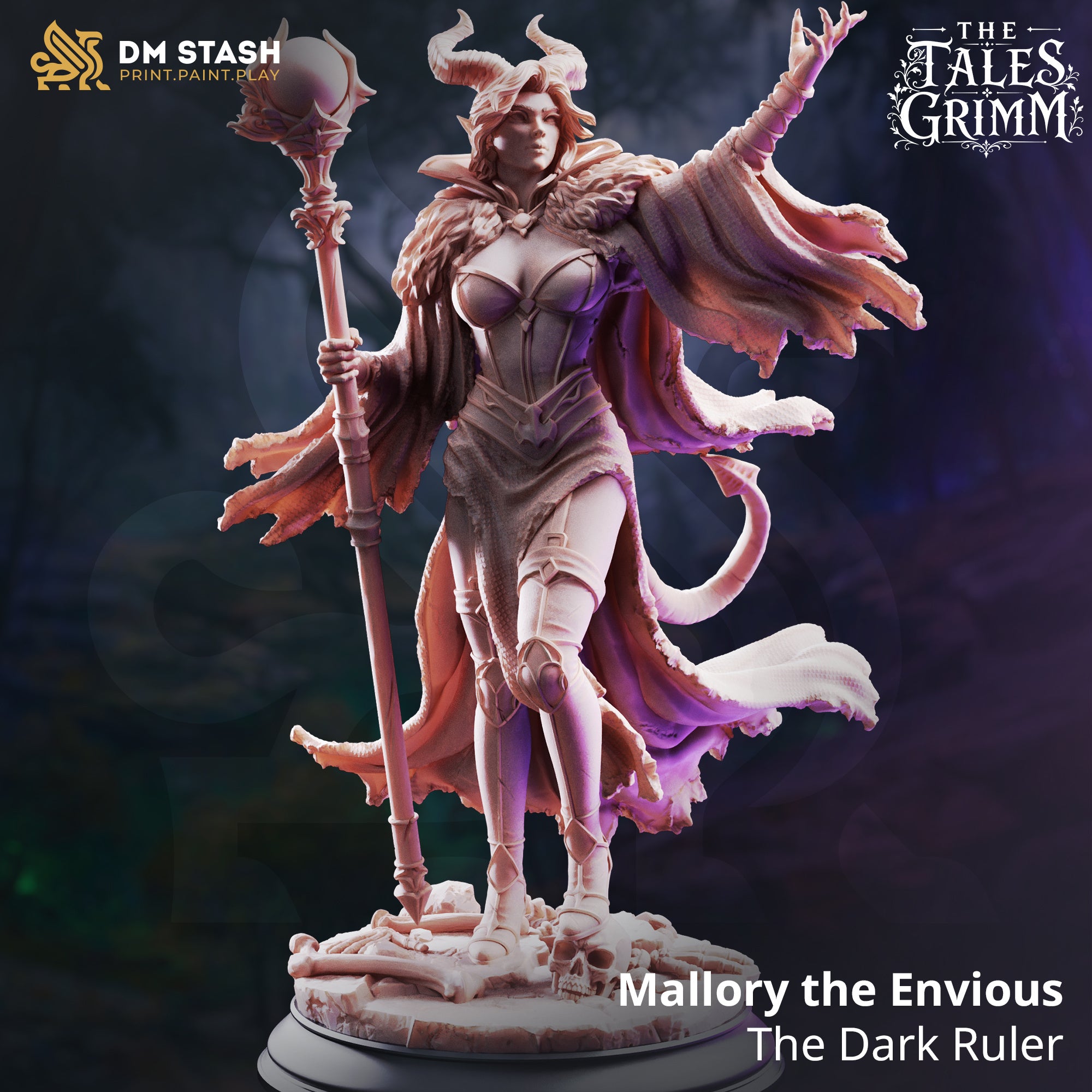 Mallory the Envious, The Dark Ruler by DM Stash, standing with an ornate staff, flowing cloak, and horned crown.