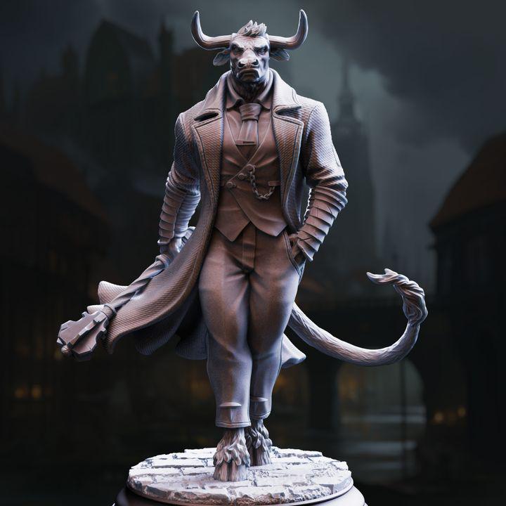 Marchese di Houf Minotaur Gang Boss by DM Stash, a fantasy resin beastfolk crime lord miniature with horns, tailored coat, and urban RPG base.