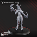 Front view of the Mask of Lust horned demon miniature by DakkaDakka holding a barbed double-ended polearm.