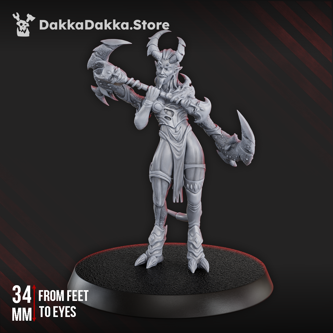 Front view of the Mask of Lust horned demon miniature by DakkaDakka holding a barbed double-ended polearm.