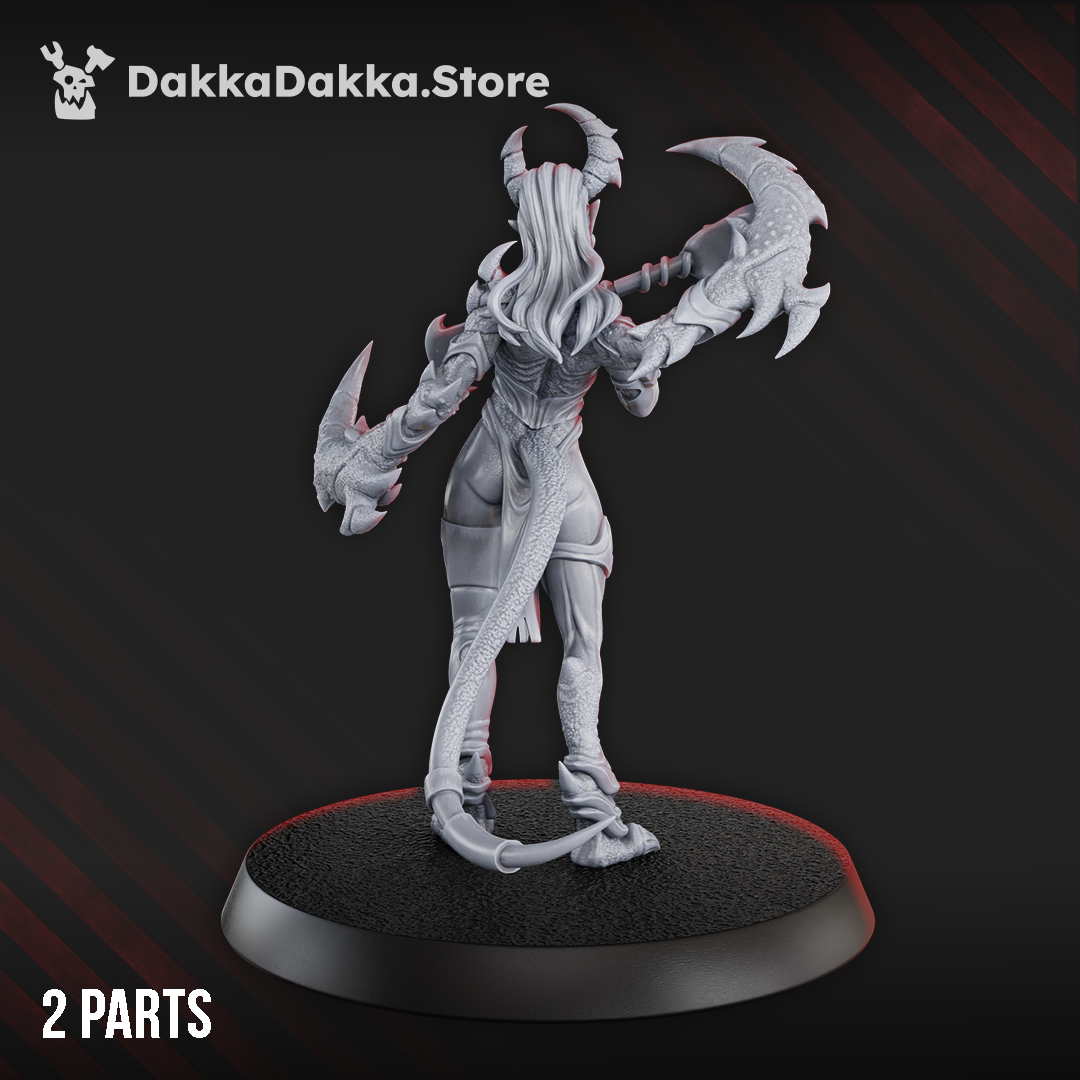 Rear view of the Mask of Lust demon miniature showing long hair, curved horns, a barbed tail, and an oversized polearm.