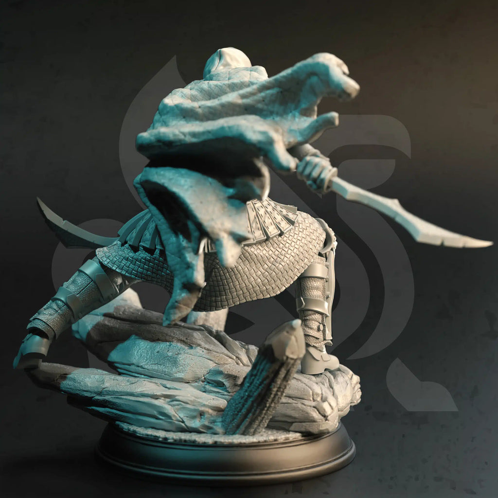 Rear view of Serran Master Assassin rogue miniature by DM Stash, showing hooded cloak, armor details, dual weapons, and fantasy RPG base.