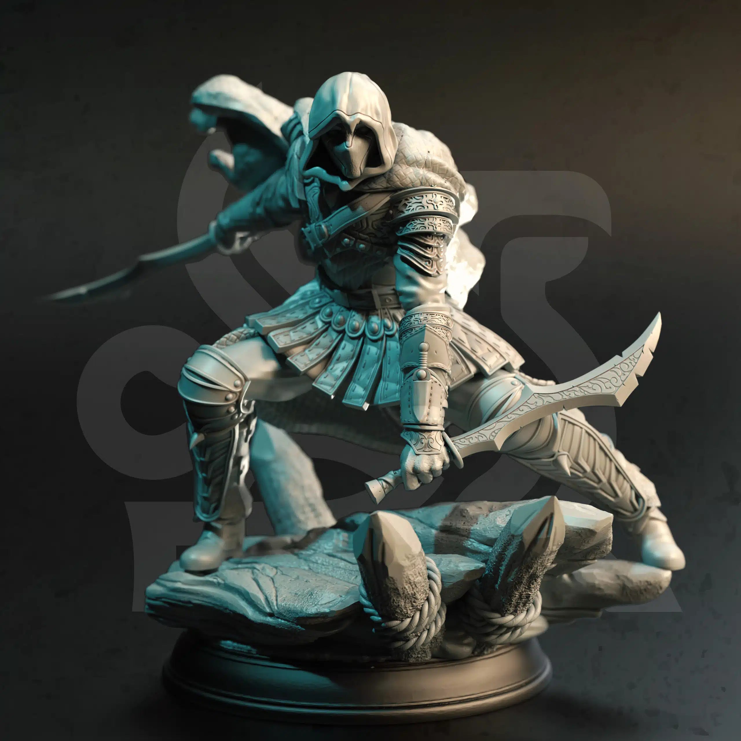 Serran Master Assassin human rogue miniature by DM Stash, resin printed hooded assassin NPC with dual blades for fantasy tabletop RPGs.