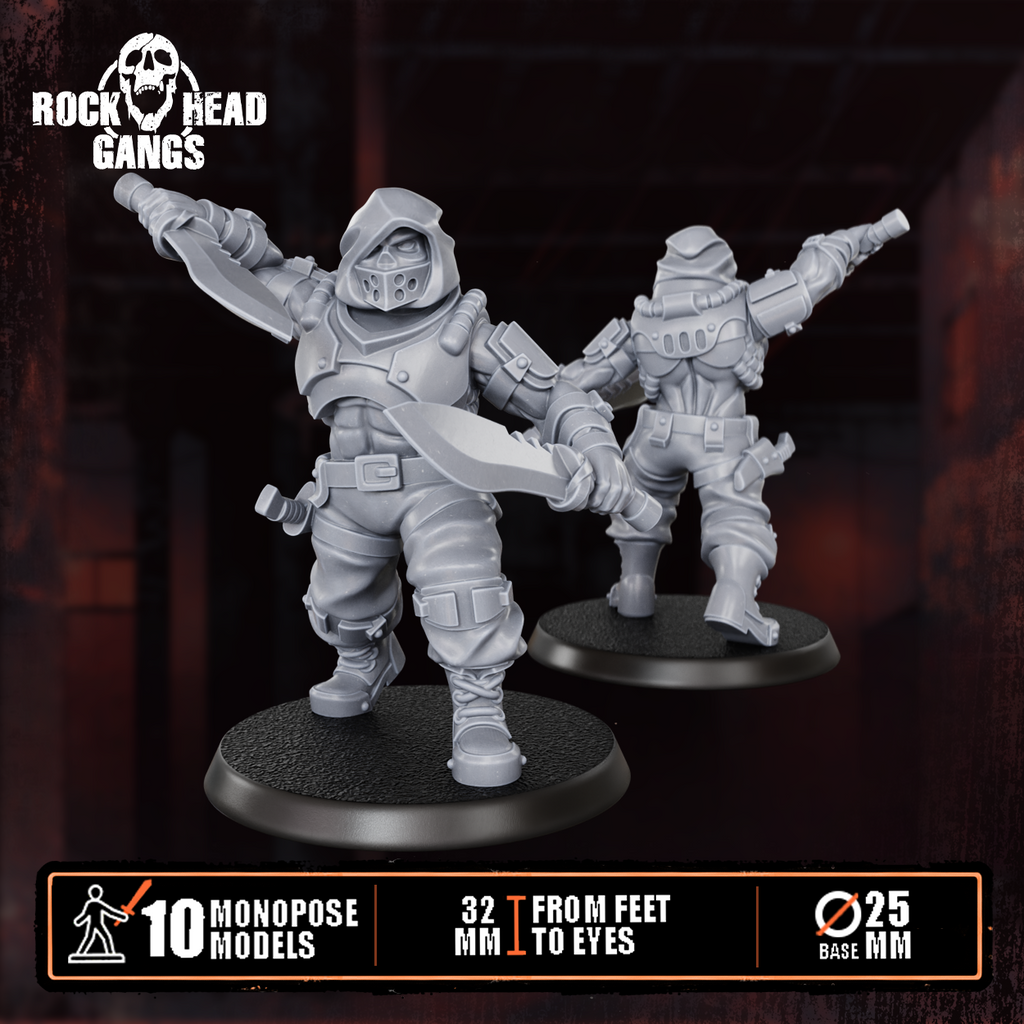 Pre-assembled Meathook Mob Squad by Rock Head Gangs, showing sci-fi resin gang miniatures built and ready for priming, painting, and tabletop play.
