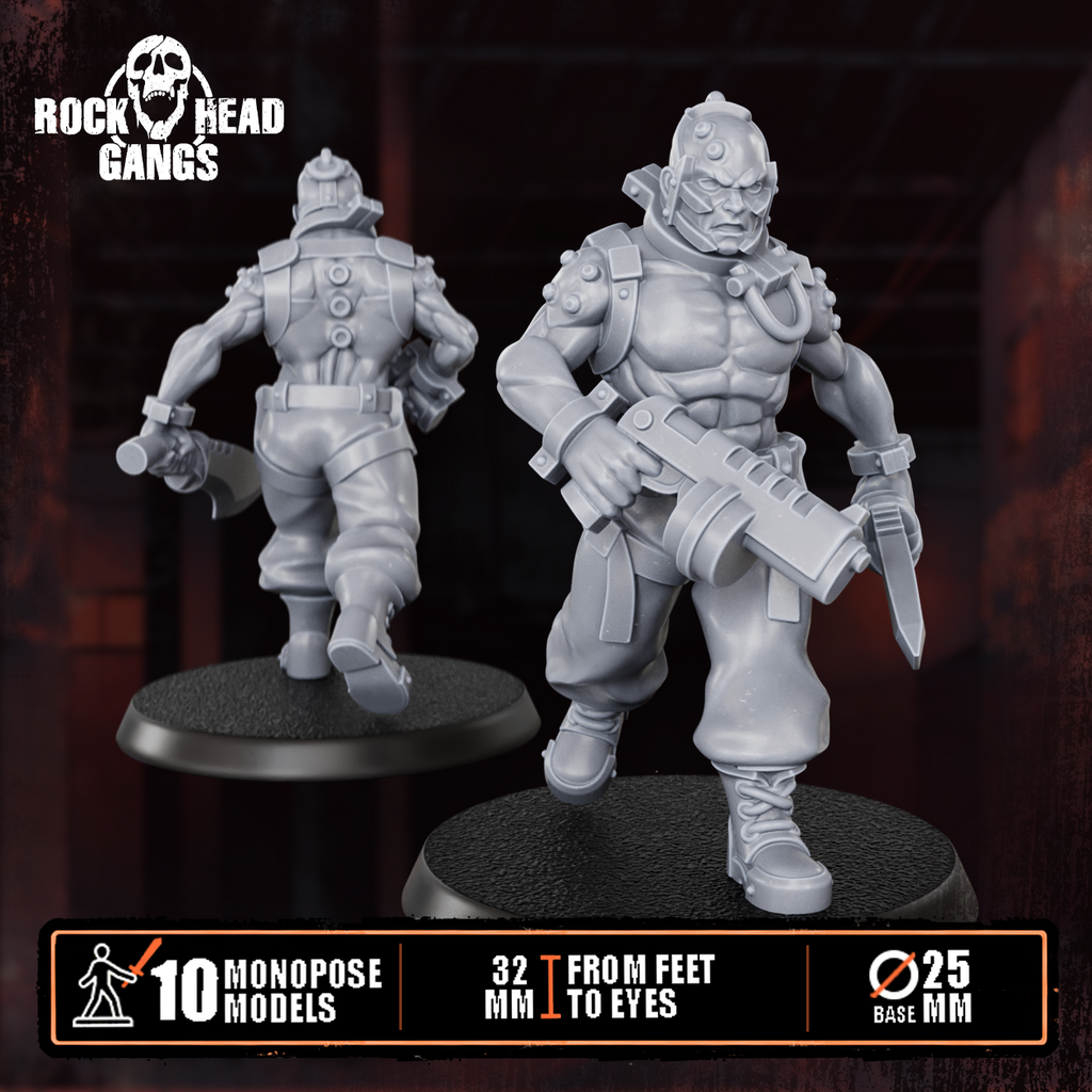 Pre-assembled Meathook Mob Squad by Rock Head Gangs, showing sci-fi resin gang miniatures built and ready for priming, painting, and tabletop play.