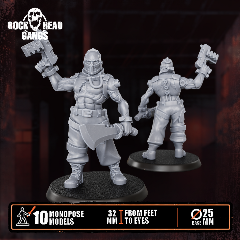 Pre-assembled Meathook Mob Squad by Rock Head Gangs, showing sci-fi resin gang miniatures built and ready for priming, painting, and tabletop play.
