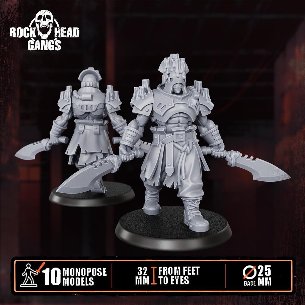 Pre-assembled Meathook Mob Squad by Rock Head Gangs, showing sci-fi resin gang miniatures built and ready for priming, painting, and tabletop play.