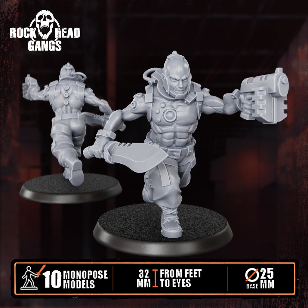 Pre-assembled Meathook Mob Squad by Rock Head Gangs, showing sci-fi resin gang miniatures built and ready for priming, painting, and tabletop play.