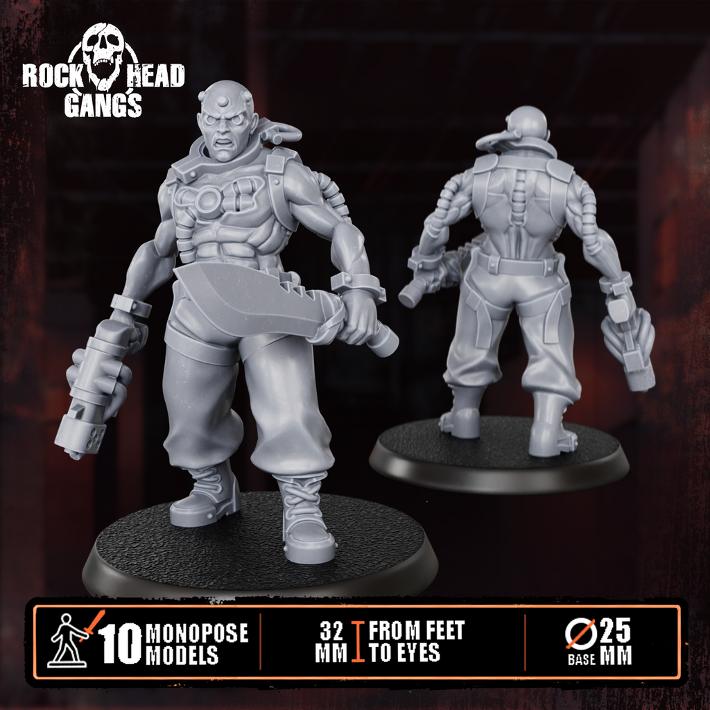 Pre-assembled Meathook Mob Squad by Rock Head Gangs, showing sci-fi resin gang miniatures built and ready for priming, painting, and tabletop play.