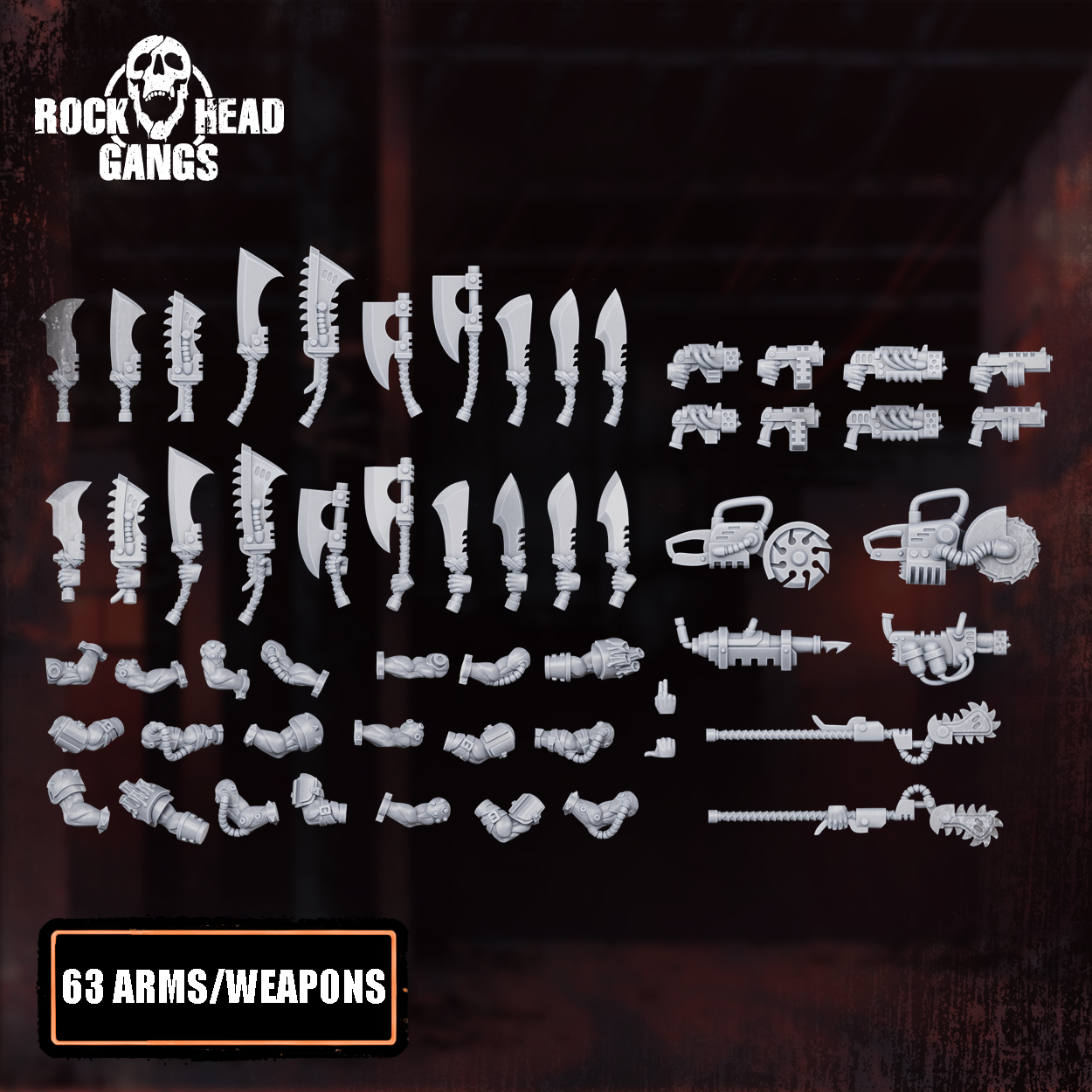 Meathook Mob Squad modular parts by Rock Head Gangs, showing resin sci-fi gang components, weapons, bodies, arms, heads, and build options.