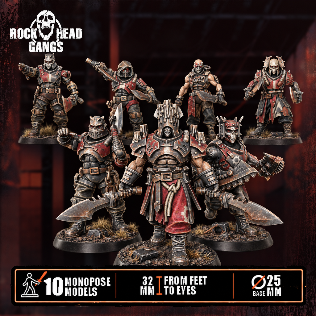 Meathook Mob Squad by Rock Head Gangs, showing sci-fi resin gang miniatures with gritty armor, brutal weapons, and futuristic skirmish crew styling.