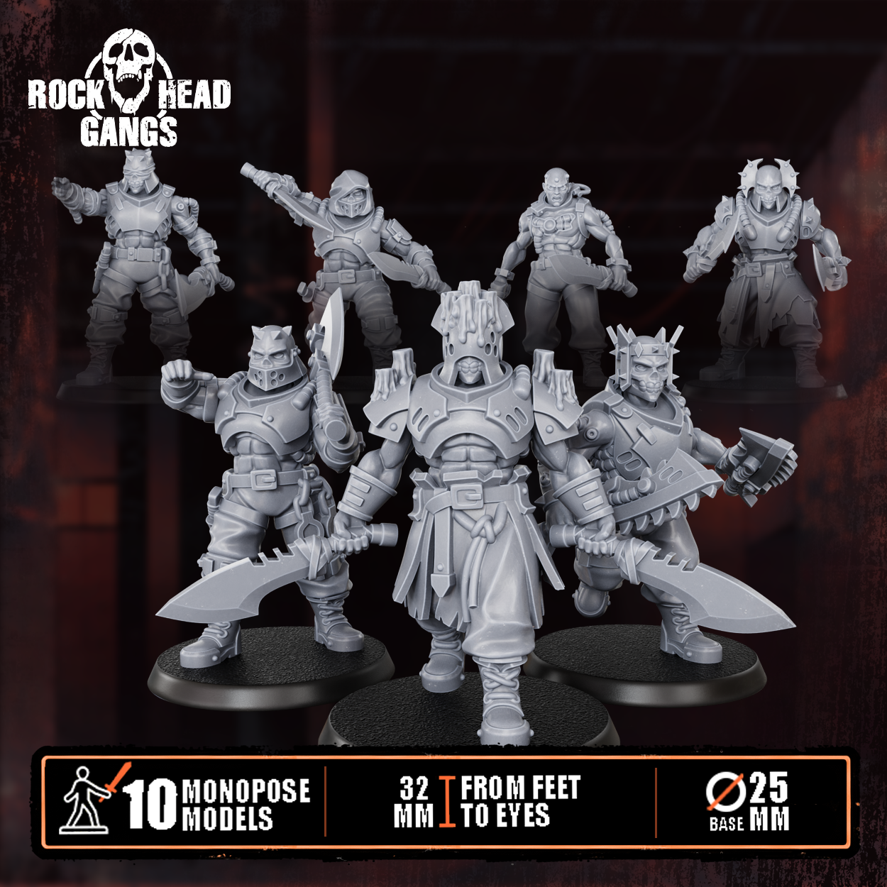 Meathook Mob Squad by Rock Head Gangs, showing sci-fi resin gang miniatures with gritty armor, brutal weapons, and futuristic skirmish crew styling.