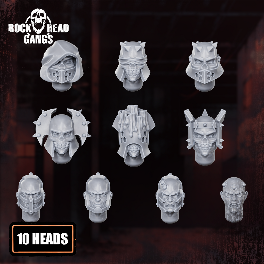 Meathook Mob Squad modular parts by Rock Head Gangs, showing resin sci-fi gang components, weapons, bodies, arms, heads, and build options.