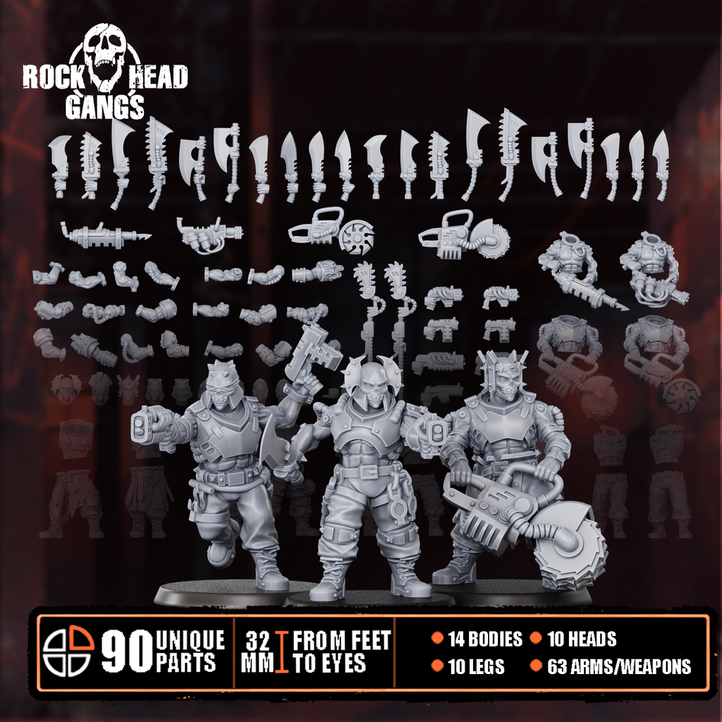 Meathook Mob Squad modular parts by Rock Head Gangs, showing resin sci-fi gang components, weapons, bodies, arms, heads, and build options.