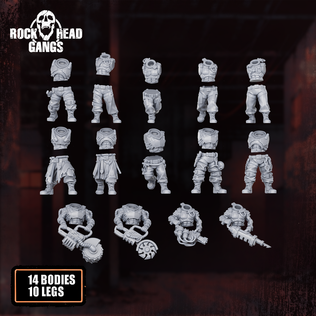 Meathook Mob Squad modular parts by Rock Head Gangs, showing resin sci-fi gang components, weapons, bodies, arms, heads, and build options.