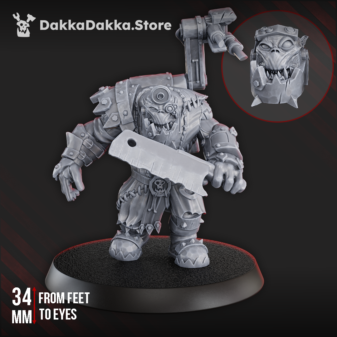 Medic Boy by DakkaDakka, a sci-fi orc medic resin miniature with a cleaver, mechanical backpack rig, armored gear, and oversized battlefield surgery tools.