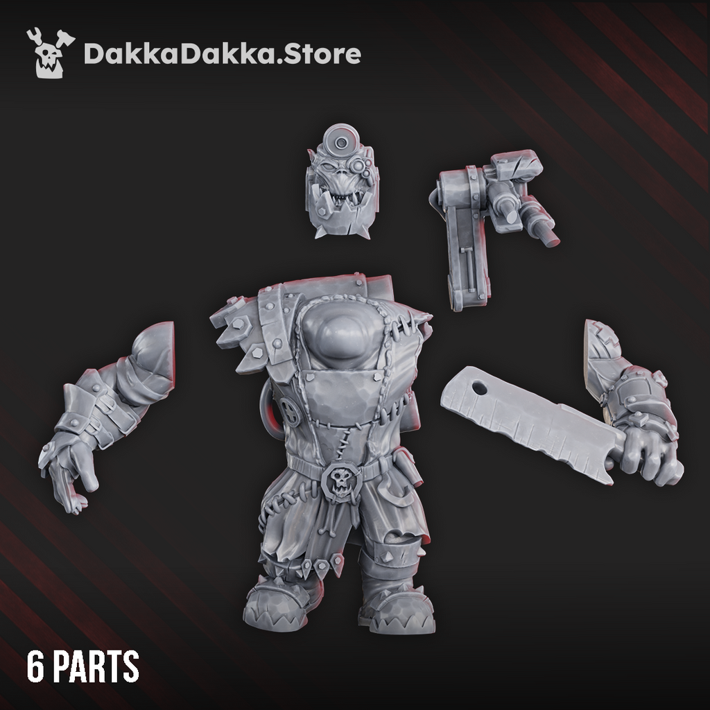 Medic Boy by DakkaDakka shown in separate resin parts, including body, head, cleaver arm, medical tool backpack, and weapon components for assembly.
