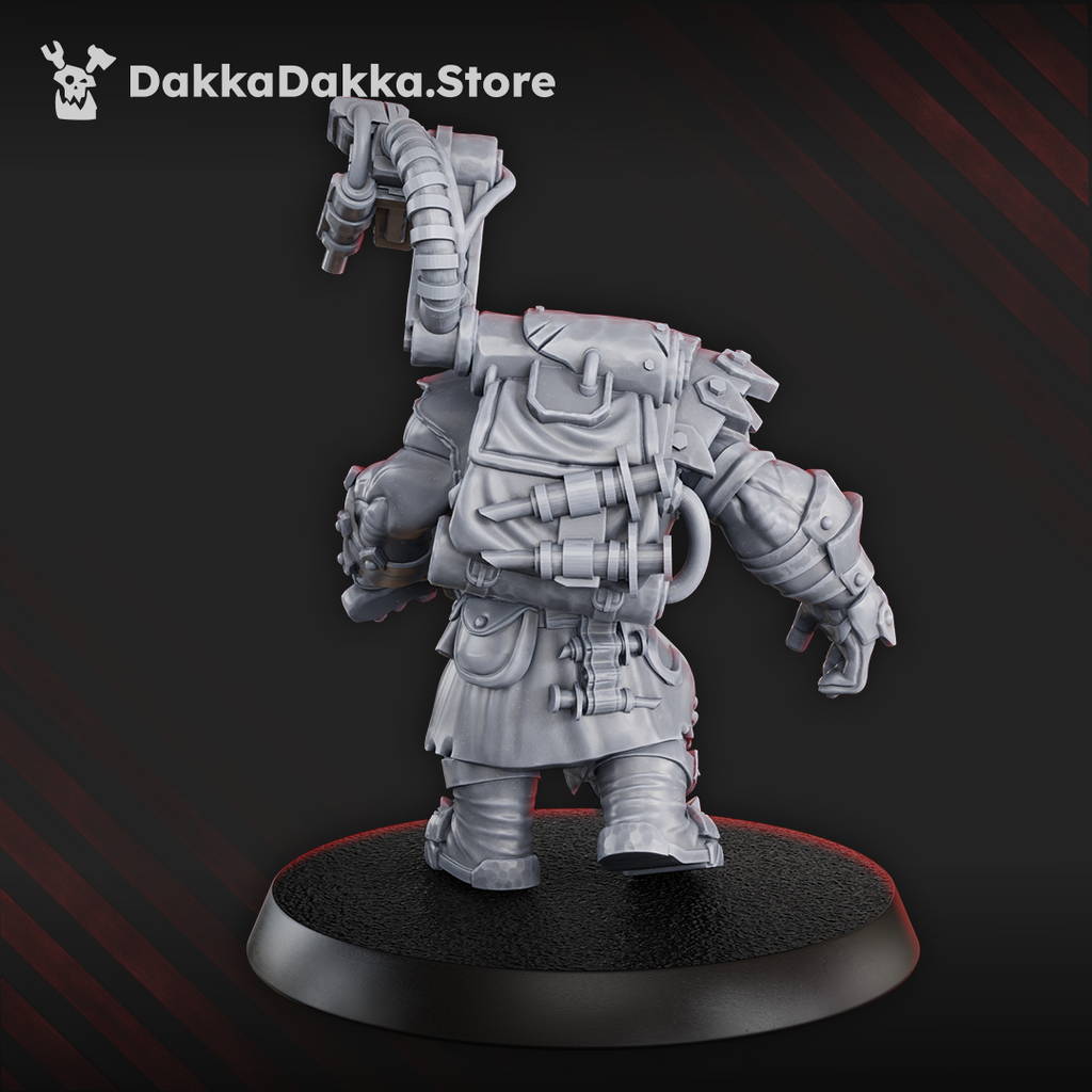 Rear view of Medic Boy by DakkaDakka, showing the mechanical medical backpack, tubing, armor details, stitched clothing, and large overhead tool rig.