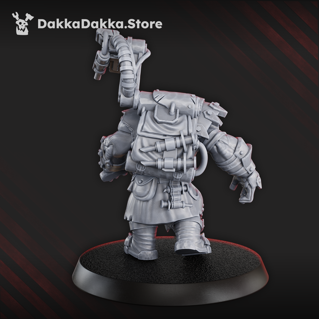 Rear view of Medic Boy by DakkaDakka, showing the mechanical medical backpack, tubing, armor details, stitched clothing, and large overhead tool rig.