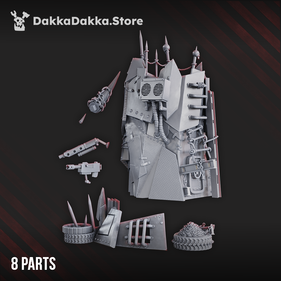 Eight-part Mekaz Hogyard Terrain set by DakkaDakka showing the fortified scrap tower and separate industrial weapons, tires, spikes, chains, and machinery.
