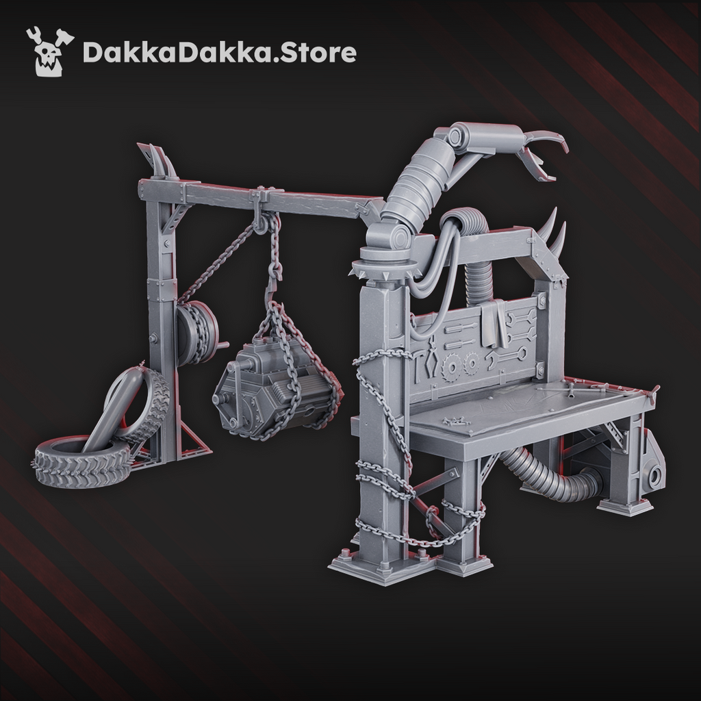 Mekaz Hogyard mechanical workbench and engine hoist terrain featuring articulated cranes, hanging chains, tires, tools, pipes, and industrial equipment.
