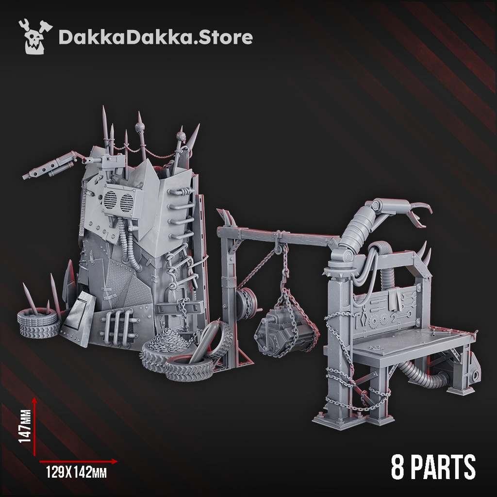 Complete Mekaz Hogyard Terrain set showing a 147mm scrap tower, engine hoist, mechanical workbench, cranes, chains, tires, and industrial scenery.
