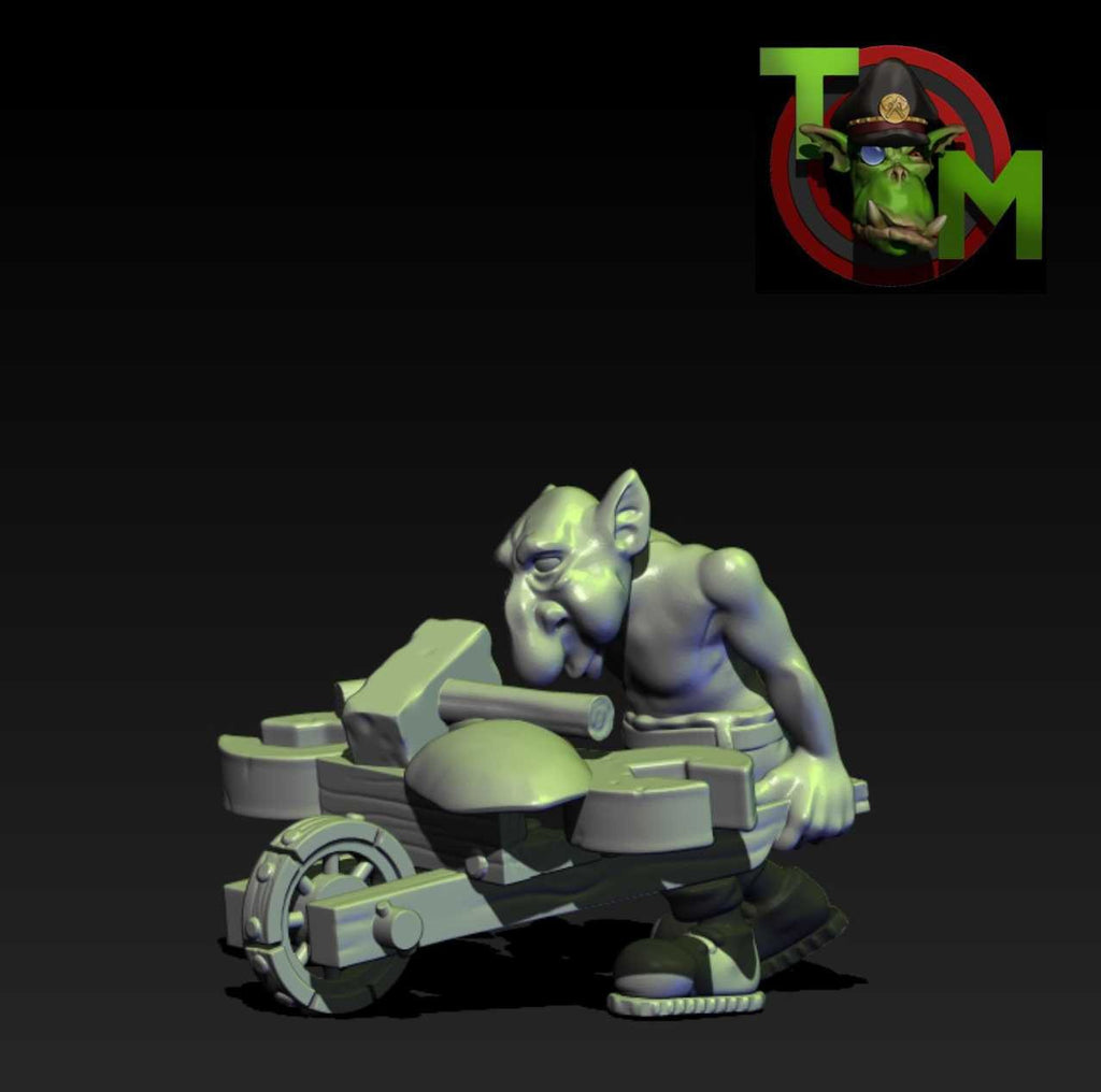 Guttertech Scrap Engineer helper miniature by Trollet Miniatures, showing a small sci-fi goblin assistant with scrap-tech equipment and tools.