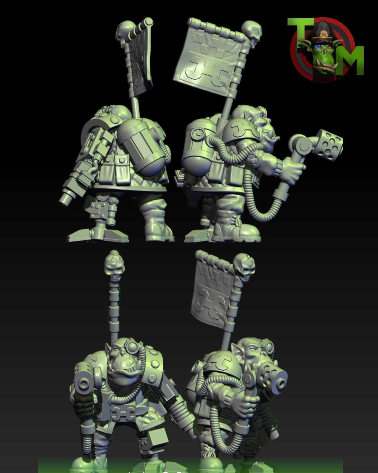 Guttertech Scrap Engineer by Trollet Miniatures, showing all 4 sides of a sci-fi orc mechanic character with banners, repair gear, backpack equipment, and tech details.