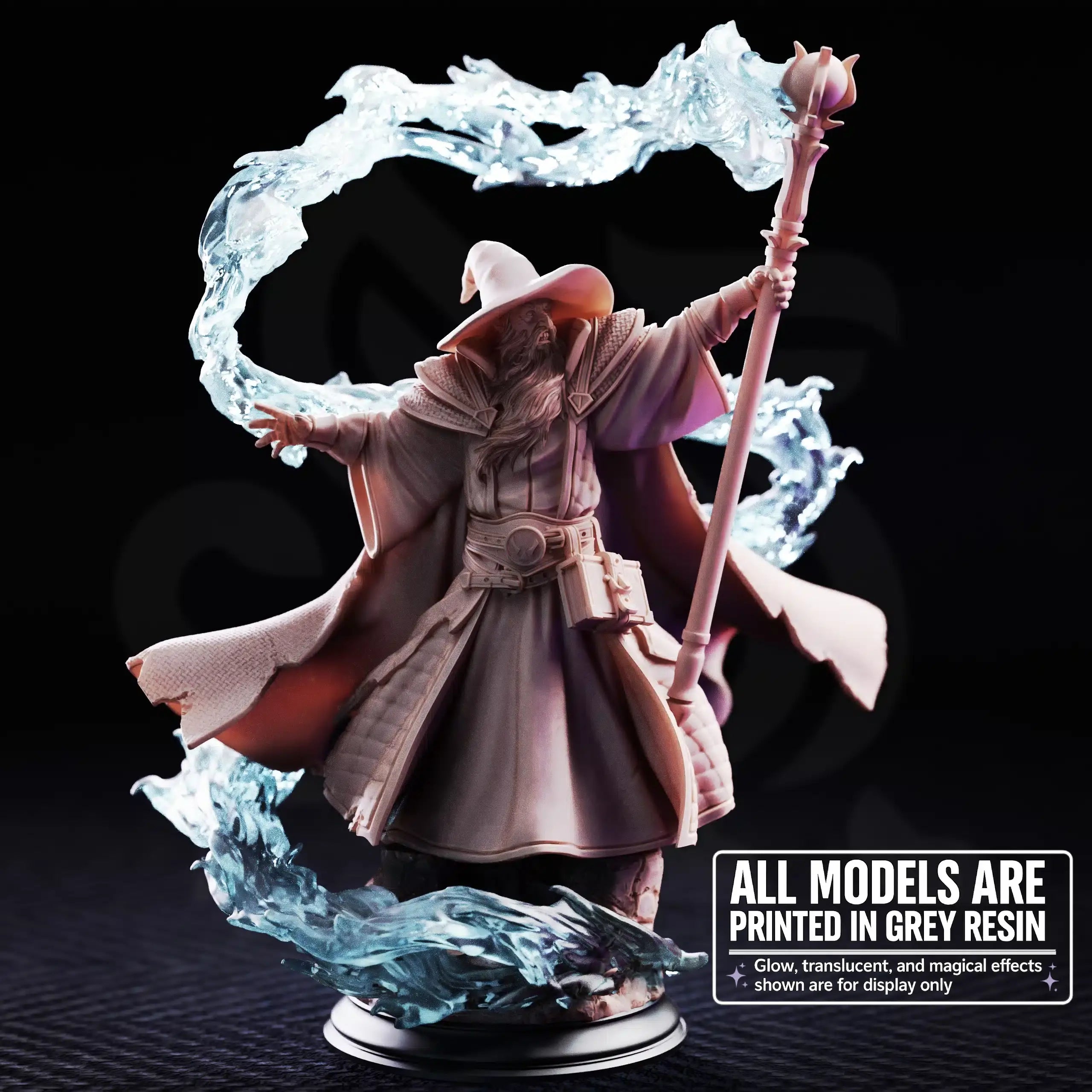 Front view of Merlin of Monmouth Elder Wizard by DM Stash, showing an arcane caster with staff, robes, beard, wizard hat, and dramatic spell effect.