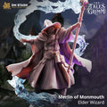 Merlin of Monmouth Elder Wizard miniature by DM Stash, shown with staff, flowing robes, wizard hat, beard, and swirling magical spell effect from The Tales Grimm.
