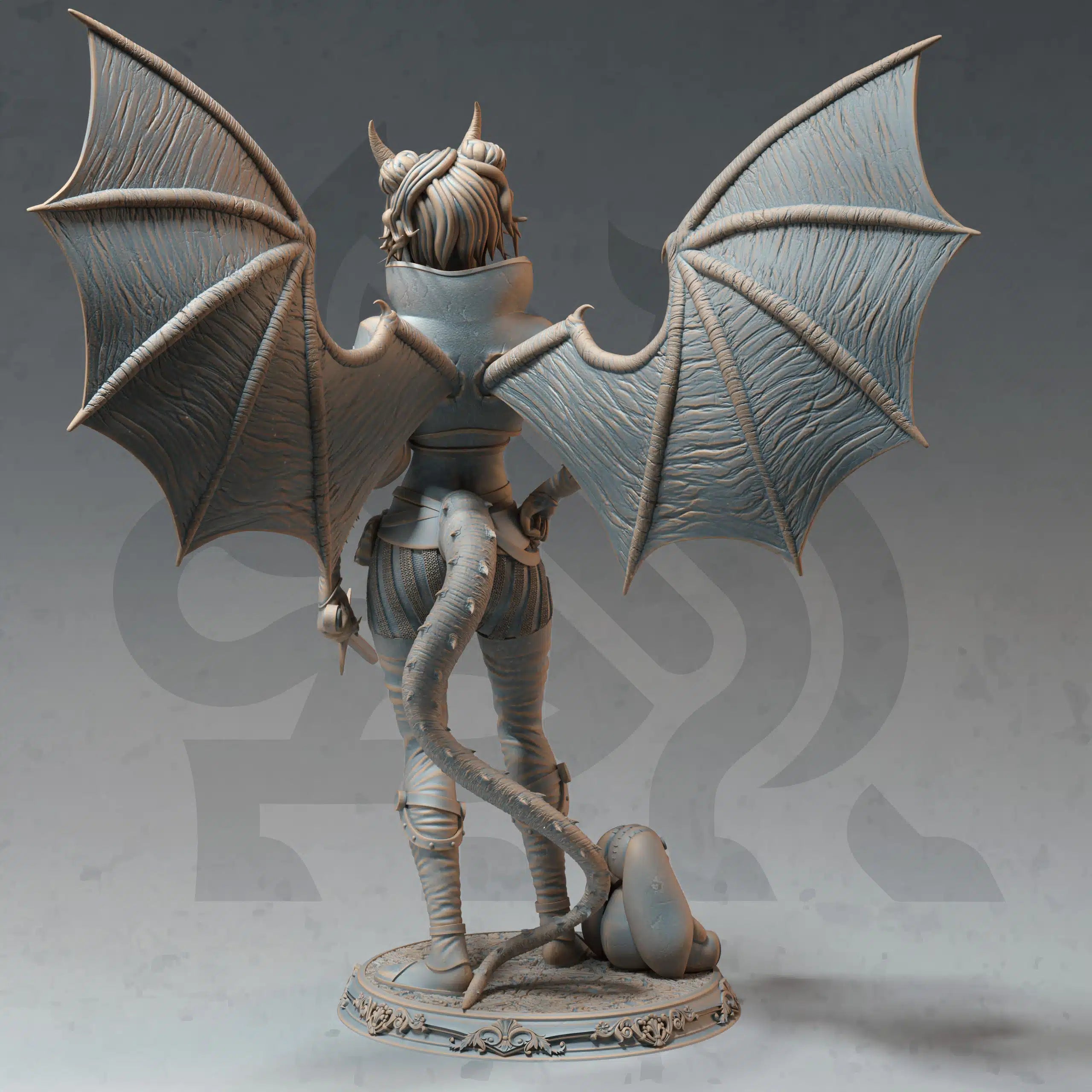 Rear view of Mhari O’Nette tiefling warlock miniature by DM Stash, showing batlike wings, tail, high collar, hair, and fantasy RPG base.