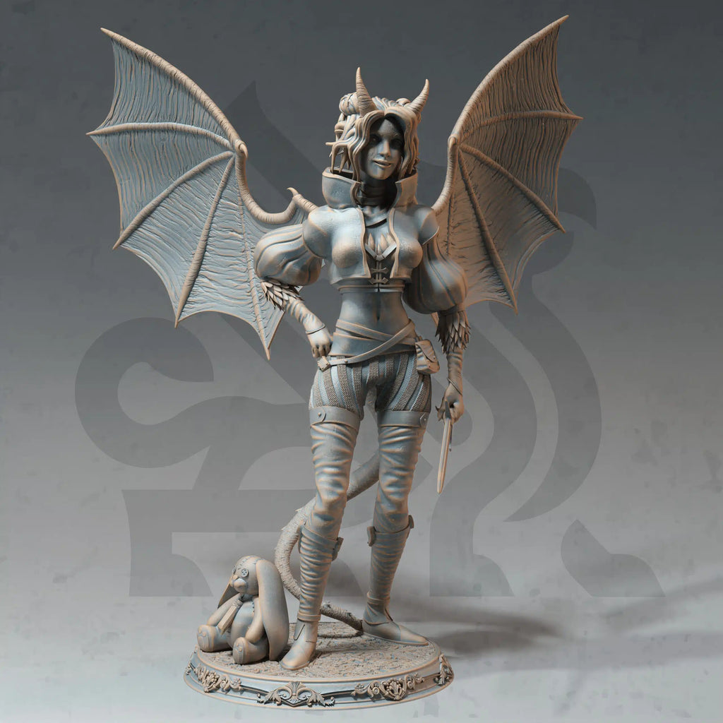 Mhari O’Nette Wishful Warlock tiefling warlock miniature by DM Stash, resin printed winged fantasy RPG spellcaster NPC.