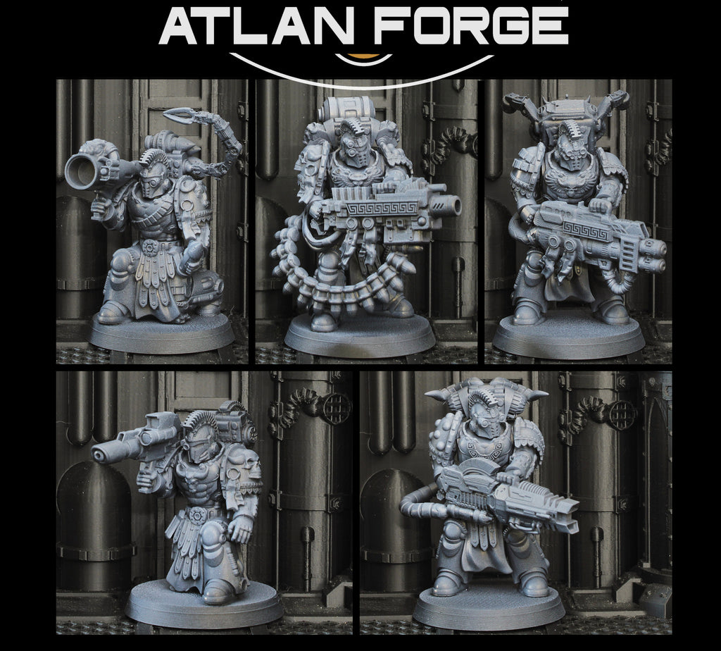 Printed Minoan Toxotai miniatures by Atlan Forge, showing five sci-fi heavy infantry models with large weapons and detailed armor.