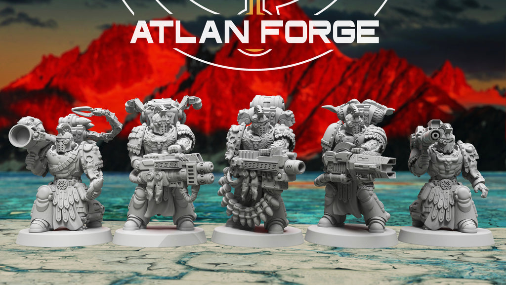 Minoan Toxotai modular sci-fi heavy infantry squad by Atlan Forge, showing five armored resin miniatures with mythic helmets and heavy weapons.