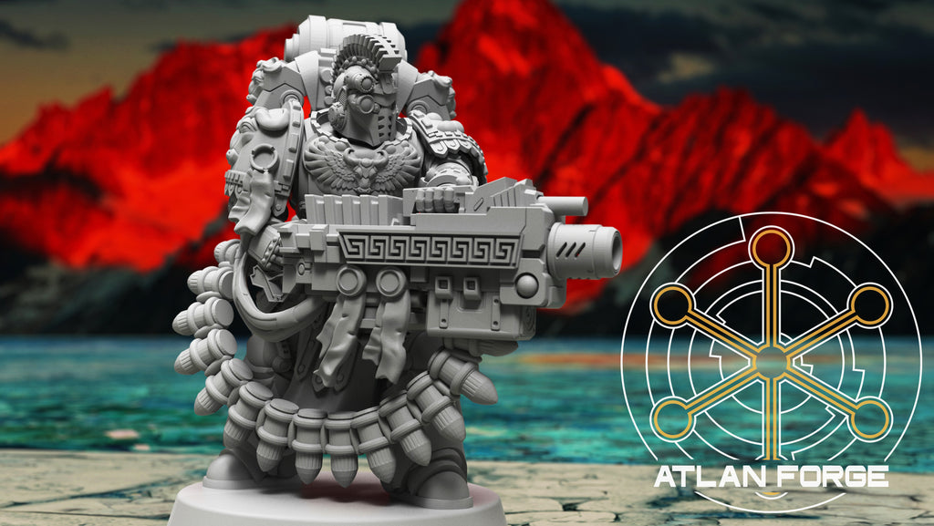 Minoan Toxotai heavy infantry miniature by Atlan Forge with launcher weapon, ornate armor, and mythic sci-fi helmet detail.