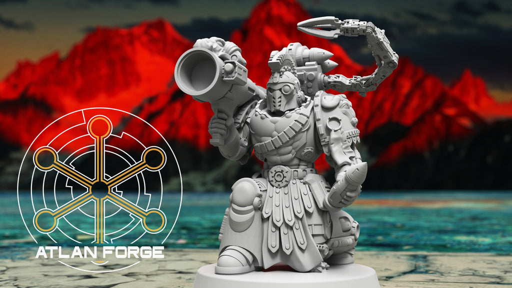 Minoan Toxotai sci-fi miniature by Atlan Forge holding a large heavy weapon with detailed armor, ammo feeds, and helmeted head.