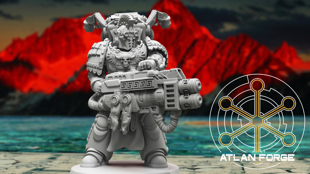 Minoan Toxotai resin miniature by Atlan Forge with bull-inspired helmet, large futuristic weapon, and heavy infantry armor.
