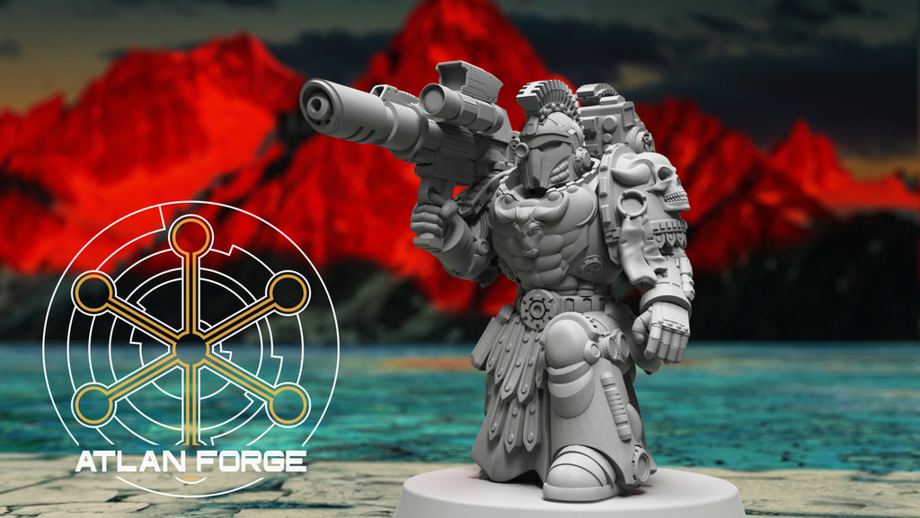 Minoan Toxotai sci-fi heavy weapon miniature by Atlan Forge with cannon-style rifle, ornate armor, and tabletop-ready detail.