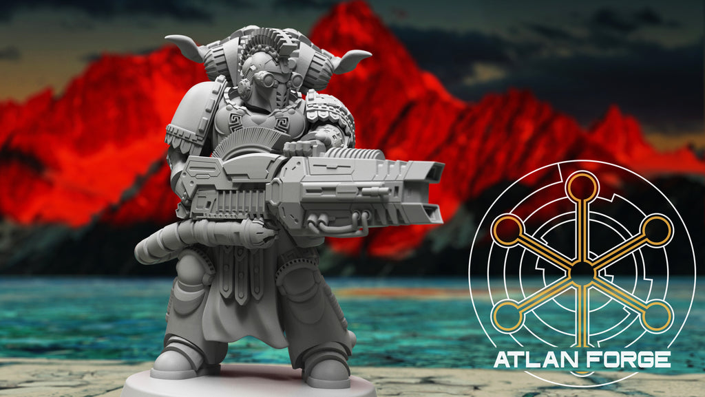 Minoan Toxotai miniature by Atlan Forge with launcher weapon, sci-fi armor, mythic styling, and detailed resin sculpting.