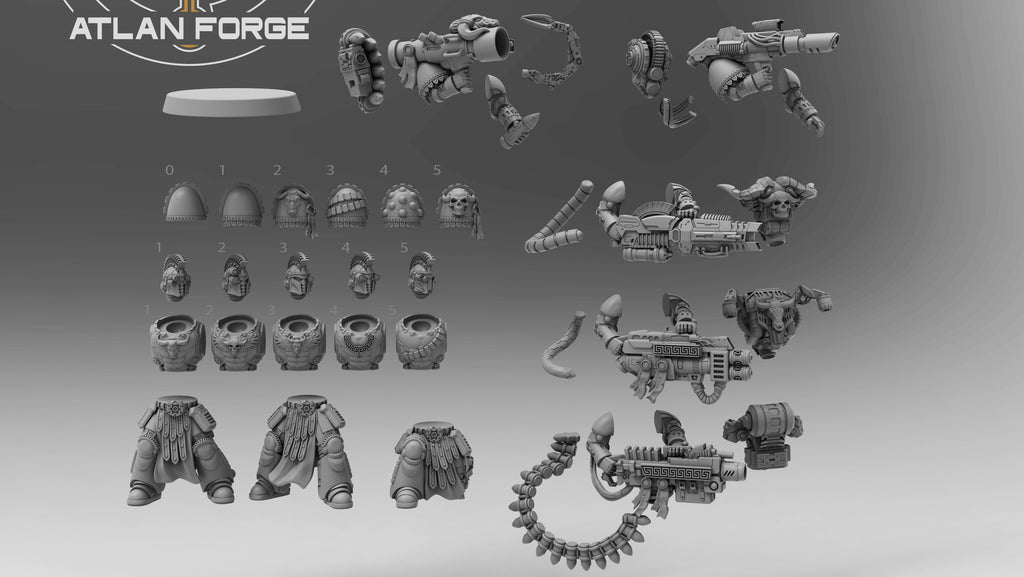 Minoan Toxotai modular build-kit by Atlan Forge, showing resin parts, heads, bodies, weapons, backpacks, and assembly options.