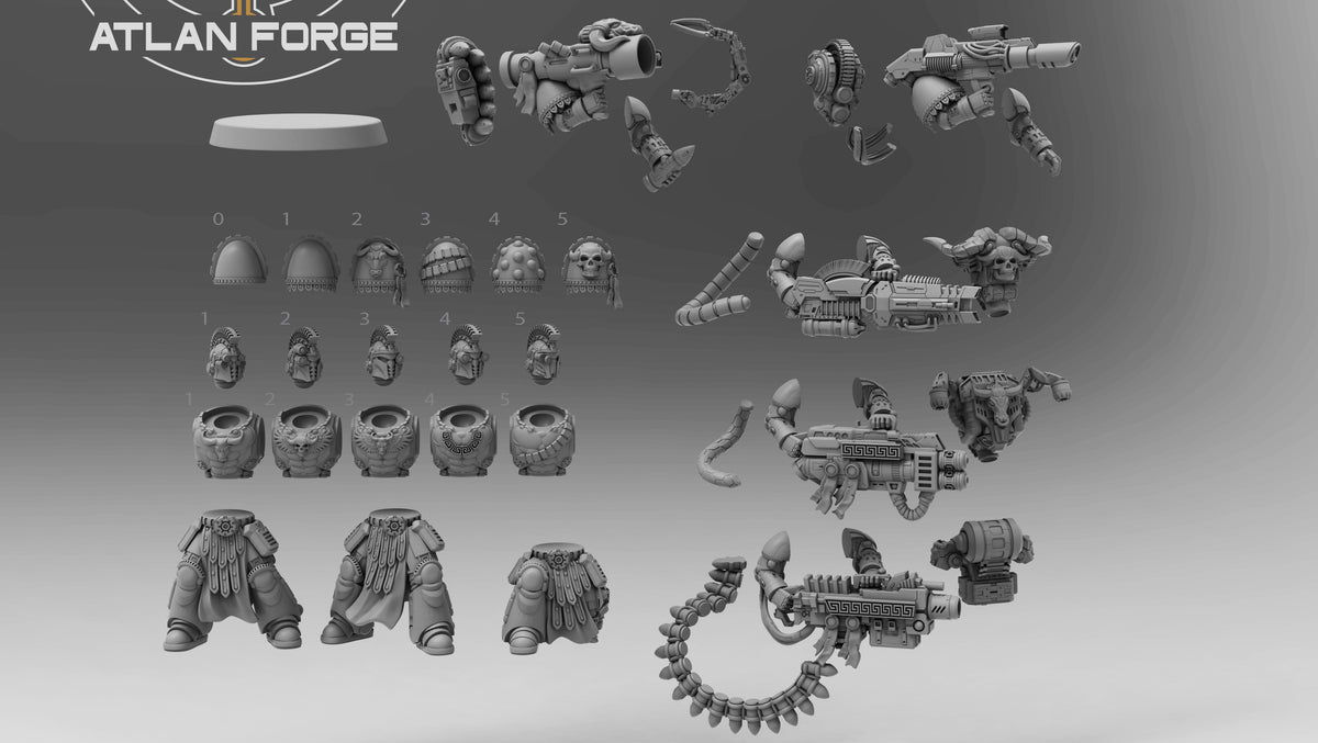 Minoan Toxotai modular build-kit by Atlan Forge, showing resin parts, heads, bodies, weapons, backpacks, and assembly options.