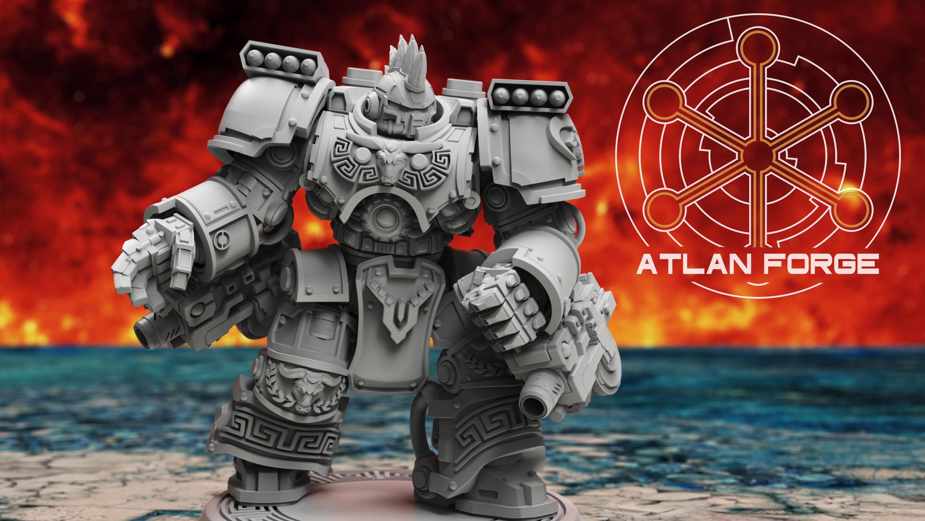Close-up of Minoan War Hulk model 1 showing facial features, weapons, and sculpted details.