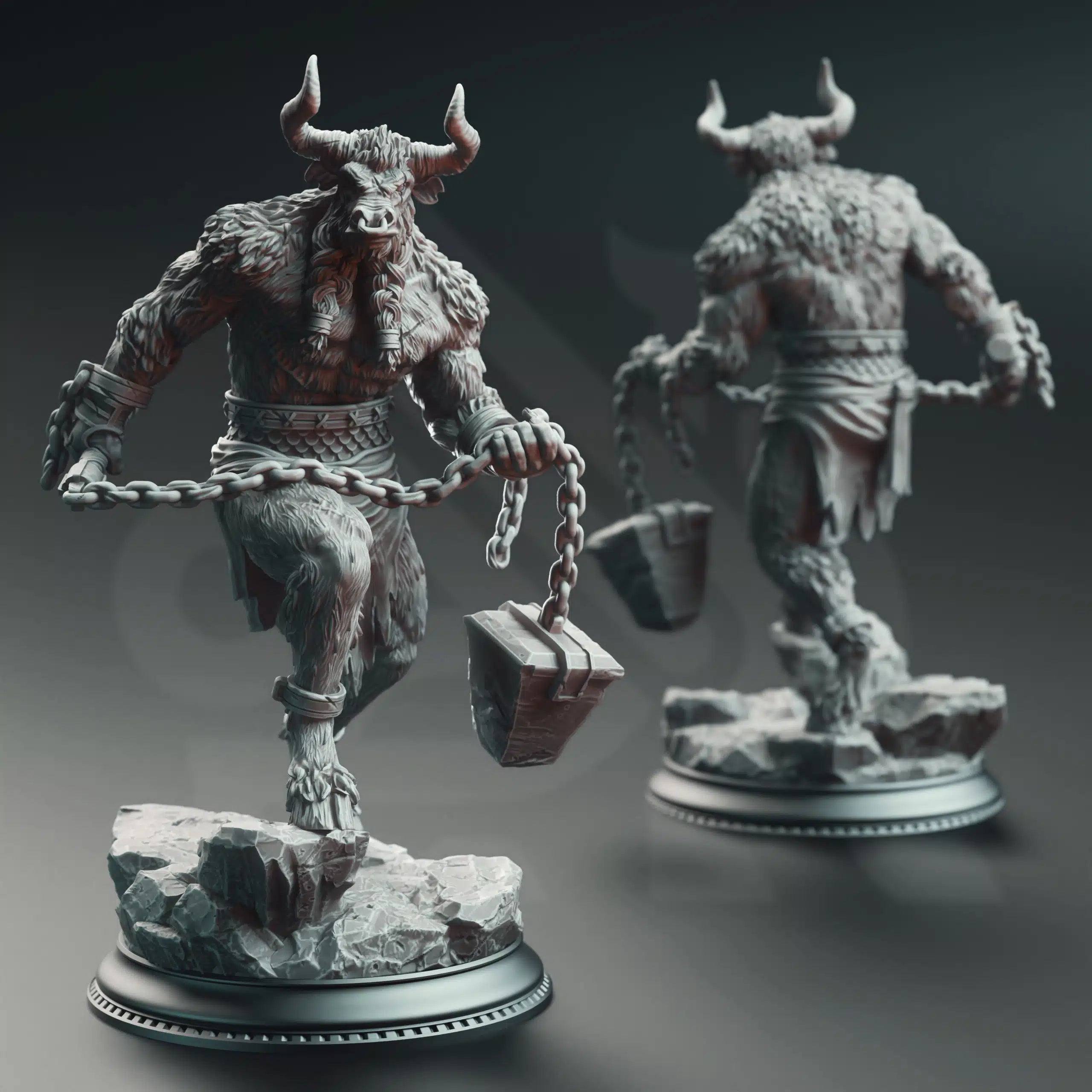 Front view of Labyrinth’s Depths minotaur warrior miniature by DM Stash, resin printed beastfolk fighter monster for tabletop RPG encounters.