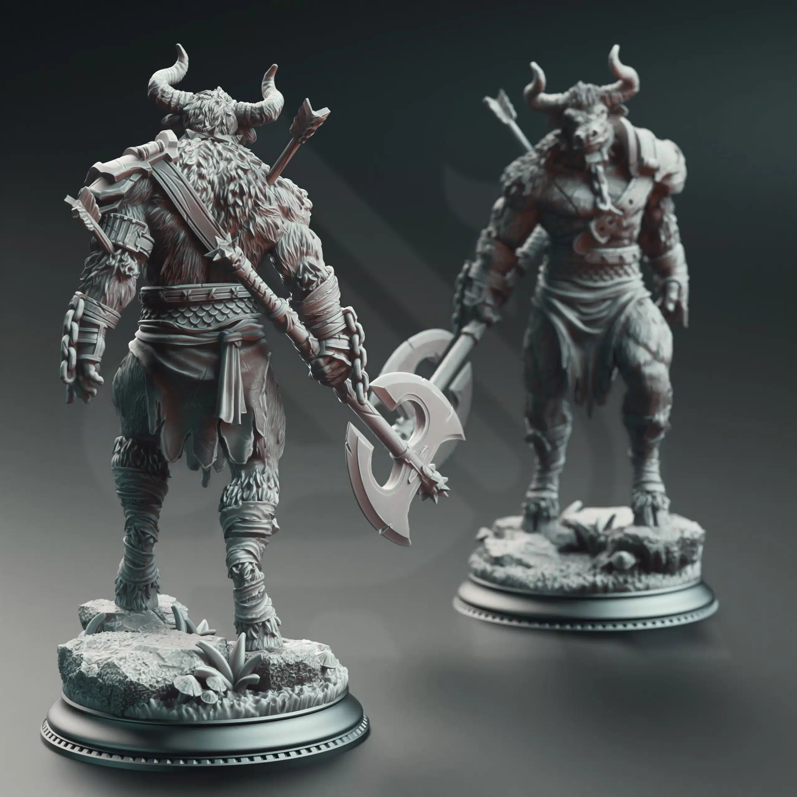 Back view of Minotaur of the Labyrinth’s Depths by DM Stash, resin printed beastfolk monster NPC miniature with dungeon warrior details.