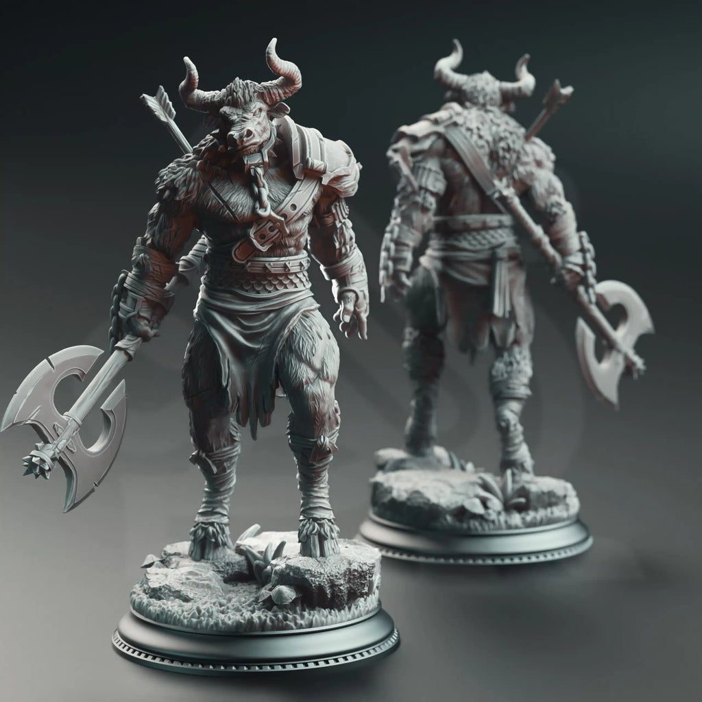 Minotaurs of the Labyrinth’s Depths by DM Stash, resin printed minotaur warrior miniatures for fantasy RPG dungeon encounters.