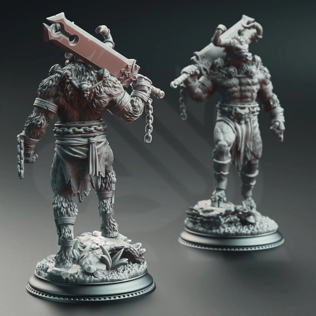 Back view of Minotaurs of the Labyrinth’s Depths by DM Stash, resin printed minotaur monster NPC for fantasy tabletop RPGs.