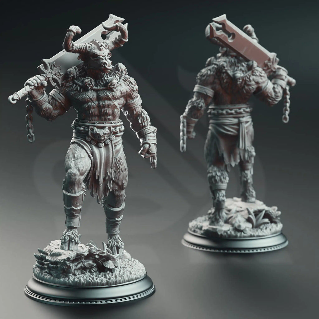 Front view of Minotaurs of the Labyrinth’s Depths by DM Stash, horned minotaur barbarian fighter miniature for dungeon campaigns.