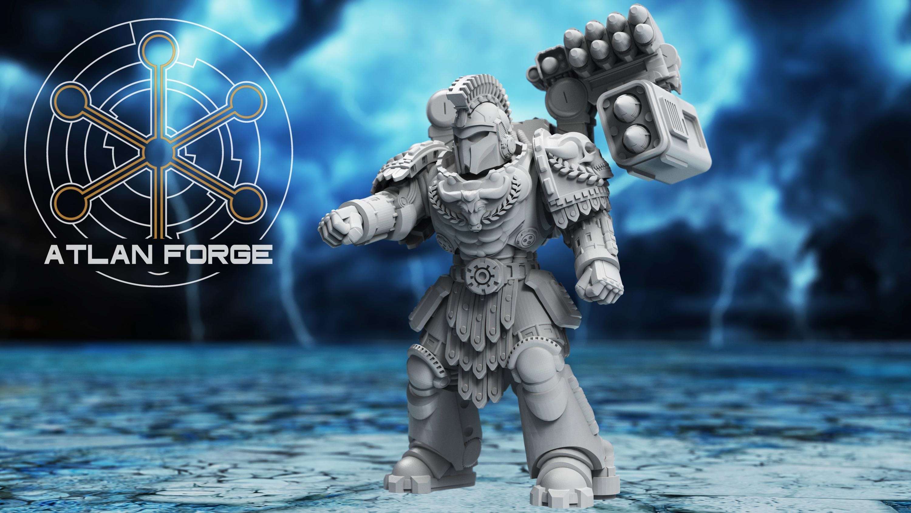 Close-up of model 4 of the Minoan Astraponites by Atlan Forge showing facial features, weapons, and sculpted details.