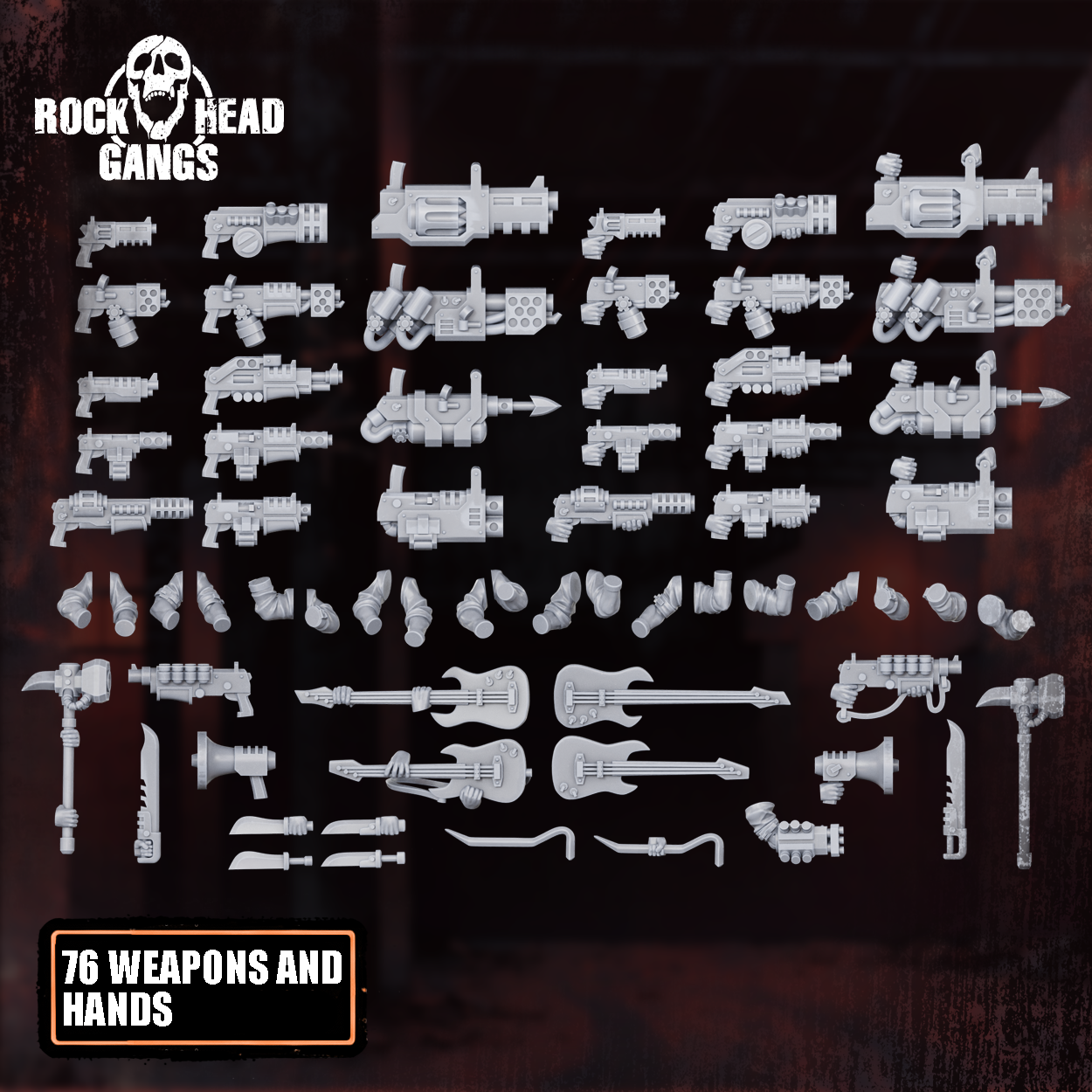 Rock ’n Rolla Gang modular build kit by Rockheadgangs with customizable sci-fi gang parts and weapon options.